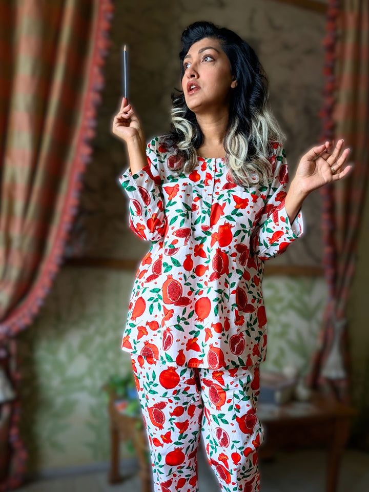 Summer cotton no bra nightsuit for women in red fruit print – pomegranate pajama set doubling as stylish loungewear coord set