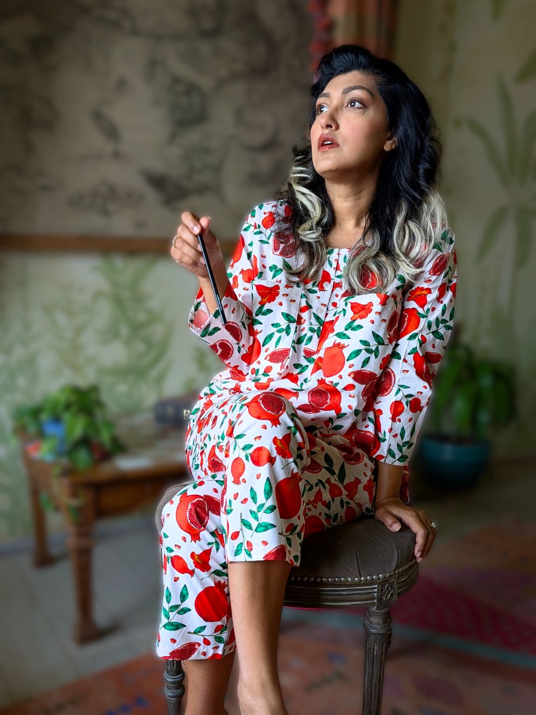 Female model wearing pomegranate print cotton nightsuit pajama set – no bra loungewear in soft pure cotton for summer comfort