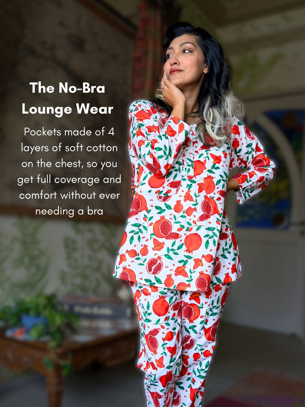 Woman wearing a floral no-bra lounge set with text describing product features.