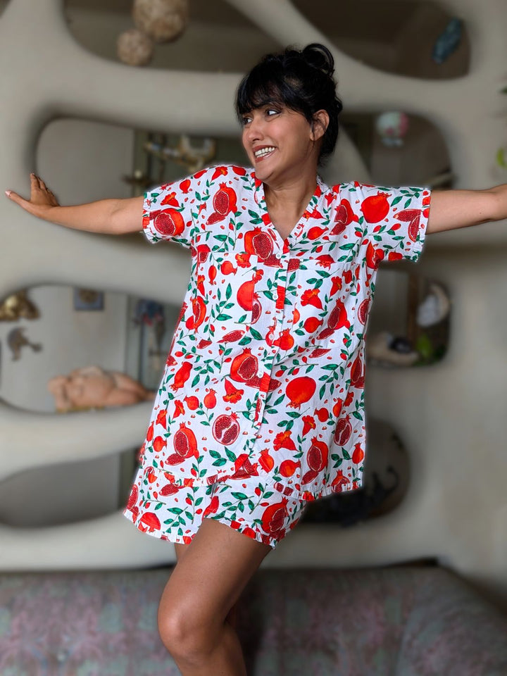 Red pomegranate print women’s cotton coord shorts set – no bra nightsuit with relaxed fit top and shorts, breathable summer sleepwear