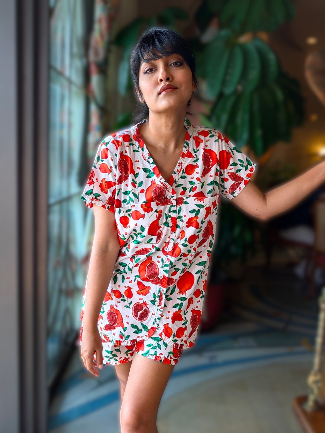 Summer cotton no bra nightsuit shorts set for women in red fruit print – pomegranate coord set doubling as stylish loungewear