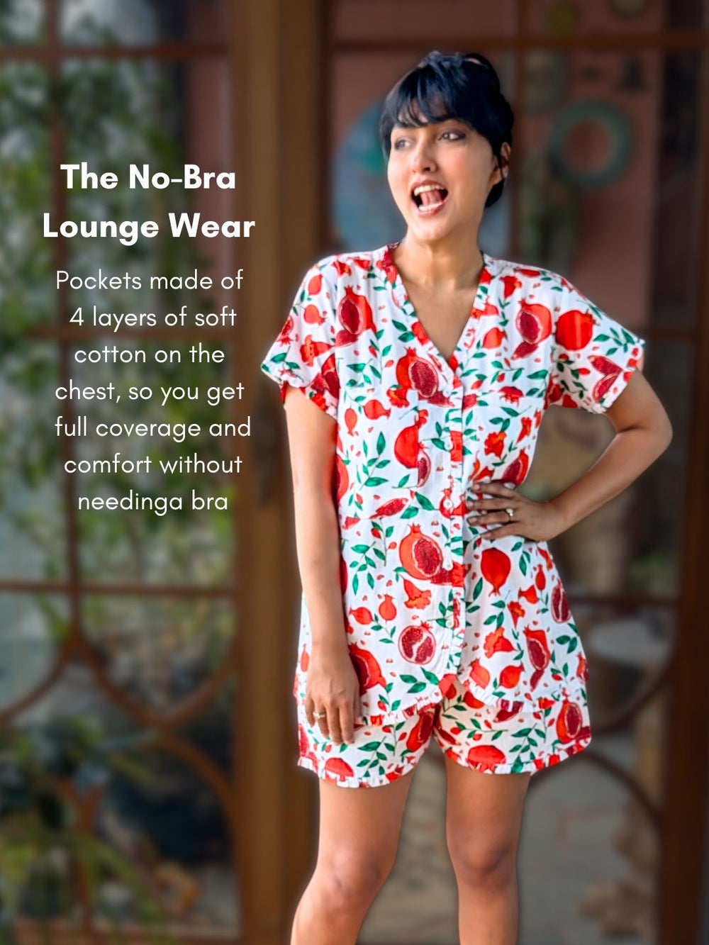 Woman wearing a red and white patterned no-bra lounge wear outfit with text describing the product.
