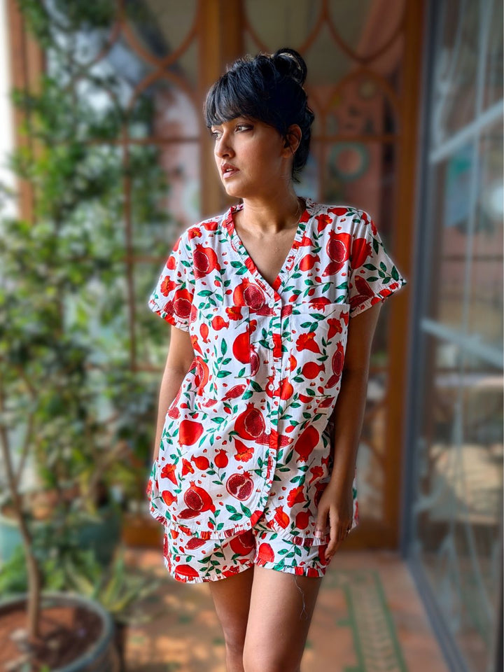 Women’s red and white pomegranate print cotton no bra nightsuit shorts set – soft breathable summer loungewear coord set