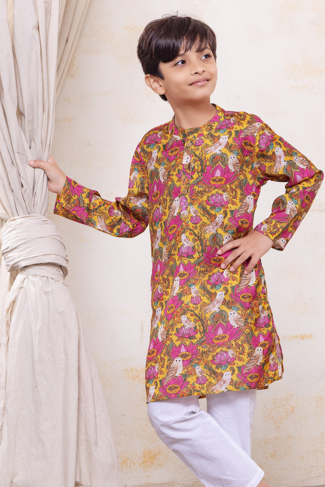 BOYS SILK KURTA YELLOW LOTUS PRINT