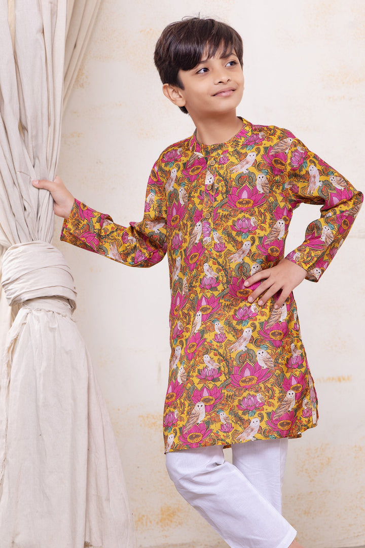 BOYS SILK KURTA YELLOW LOTUS PRINT