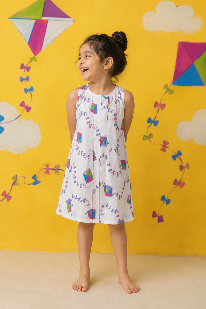 Close up of colourful kite print on soft cotton malmal dress fabric
