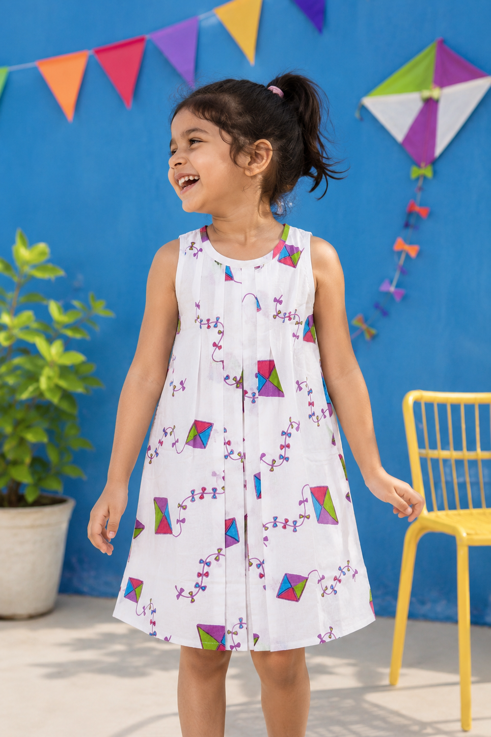 Kites print malmal dress for girls, front view summer and festive wear