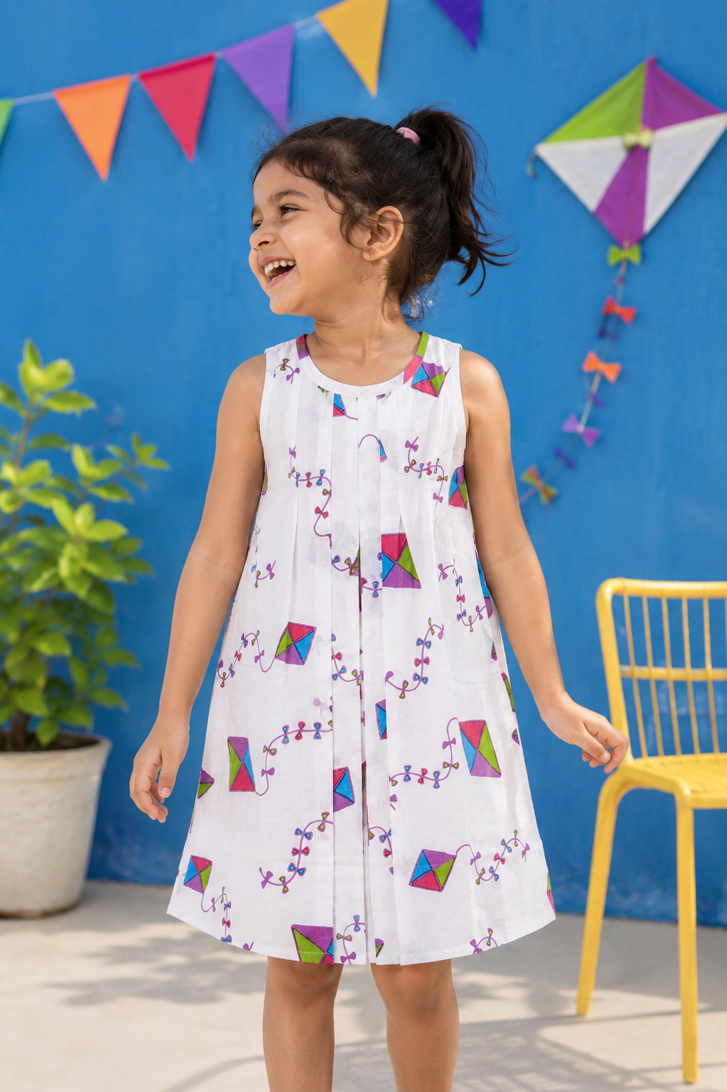 Kites print malmal dress for girls, front view summer and festive wear