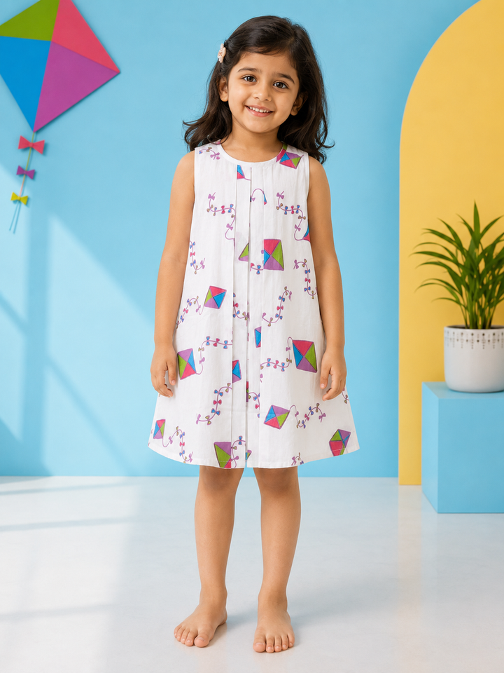 Girl wearing kites print cotton malmal dress for Independence Day and Makar Sankranti