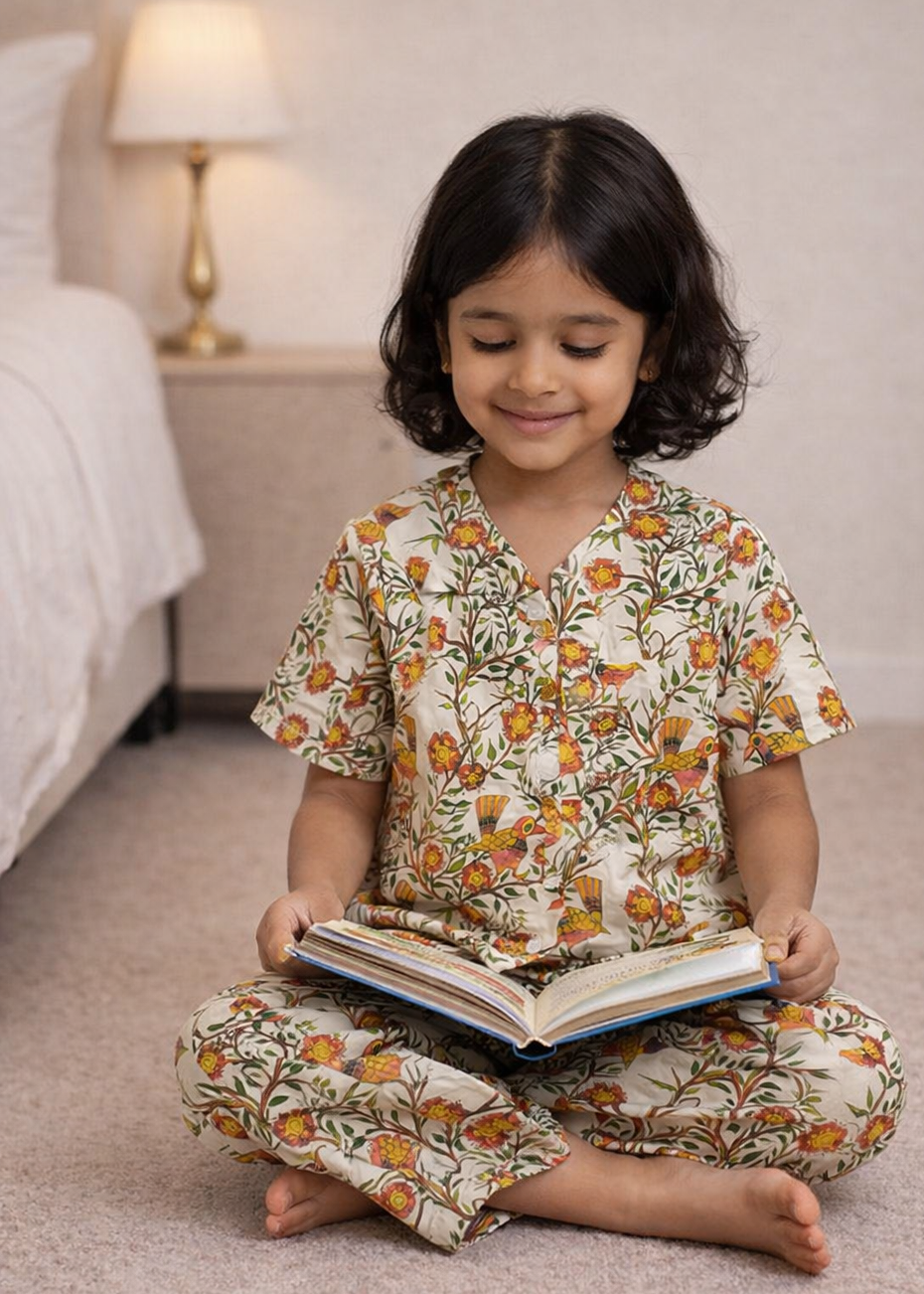Child sitting on the floor reading a book wearing a birds print COTTON NIGHTSUIT.