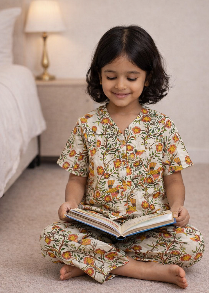 Child sitting on the floor reading a book wearing a birds print COTTON NIGHTSUIT.