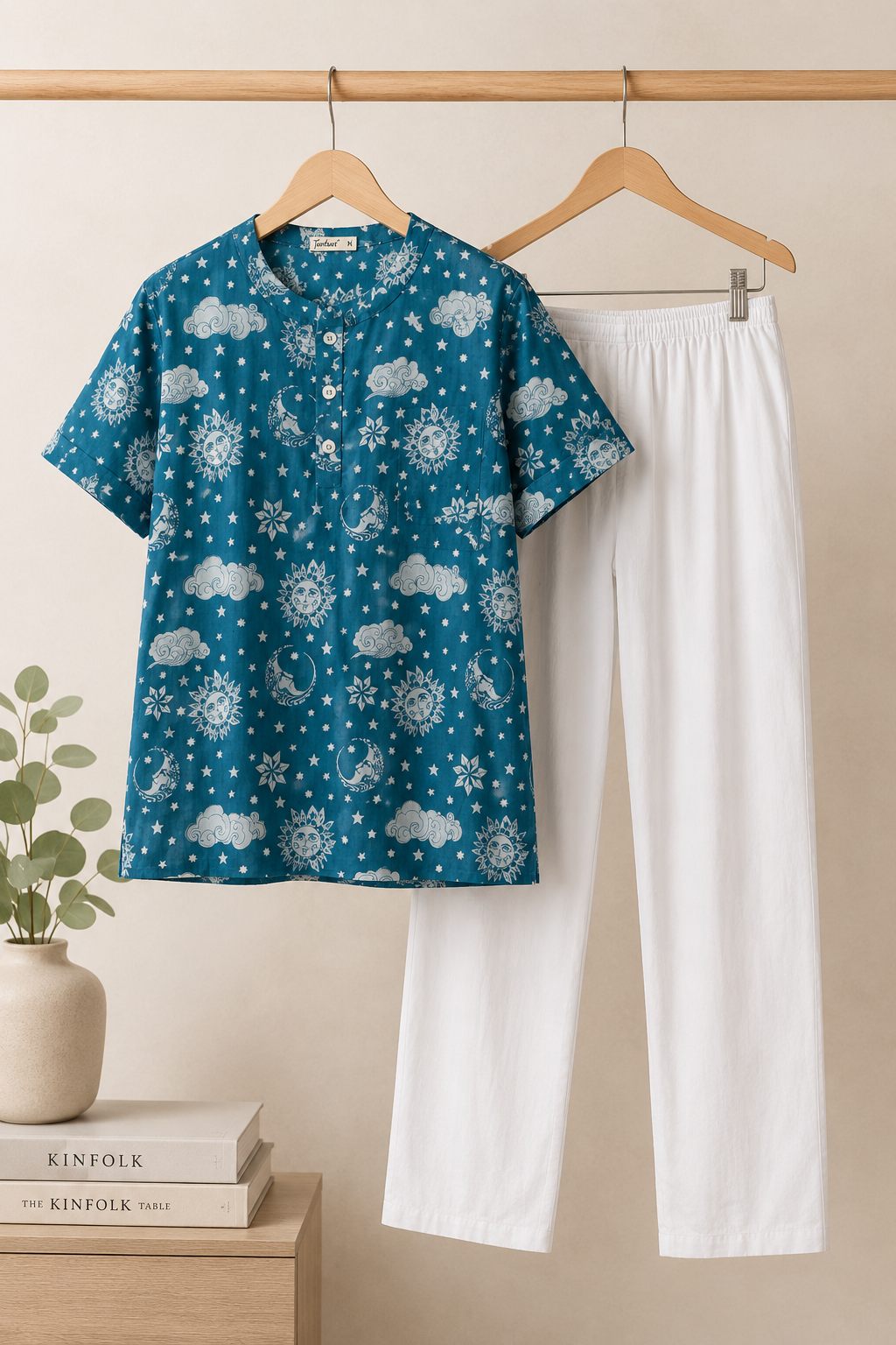 Blue cotton malmal men’s nightsuit with short sleeve round neck kurta top, breathable sleepwear nightsuit set