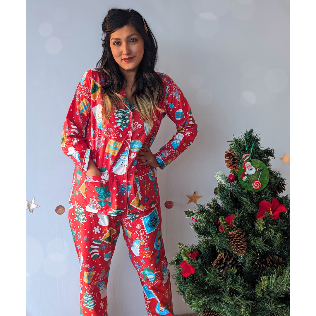 Cotton Night Suit, Women | Jingle Bells - Red