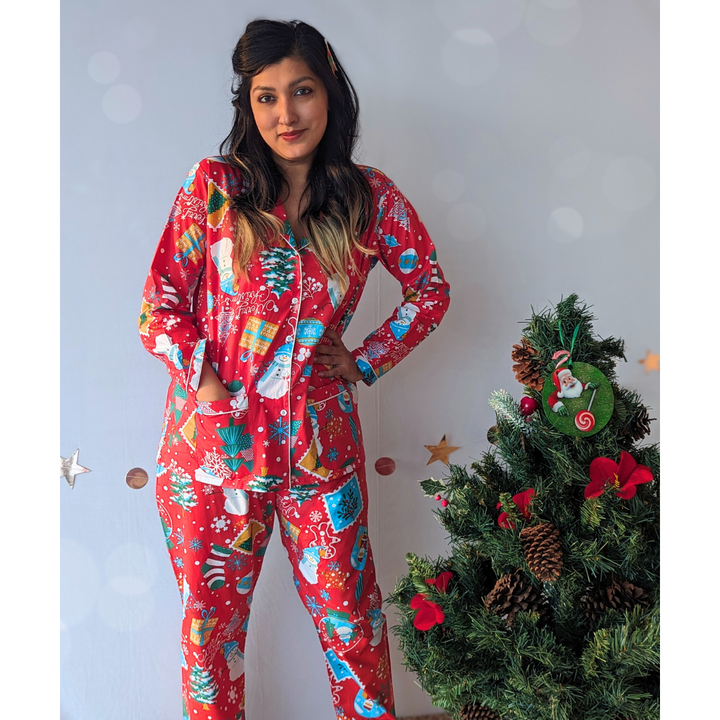 Cotton Night Suit, Women | Jingle Bells - Red