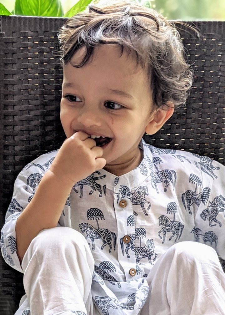 Cotton Malmal Kurta Pajama Set - Tugbug Ghoda Blue