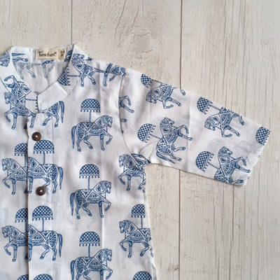 Cotton Malmal Kurta Pajama Set - Tugbug Ghoda Blue | Relove