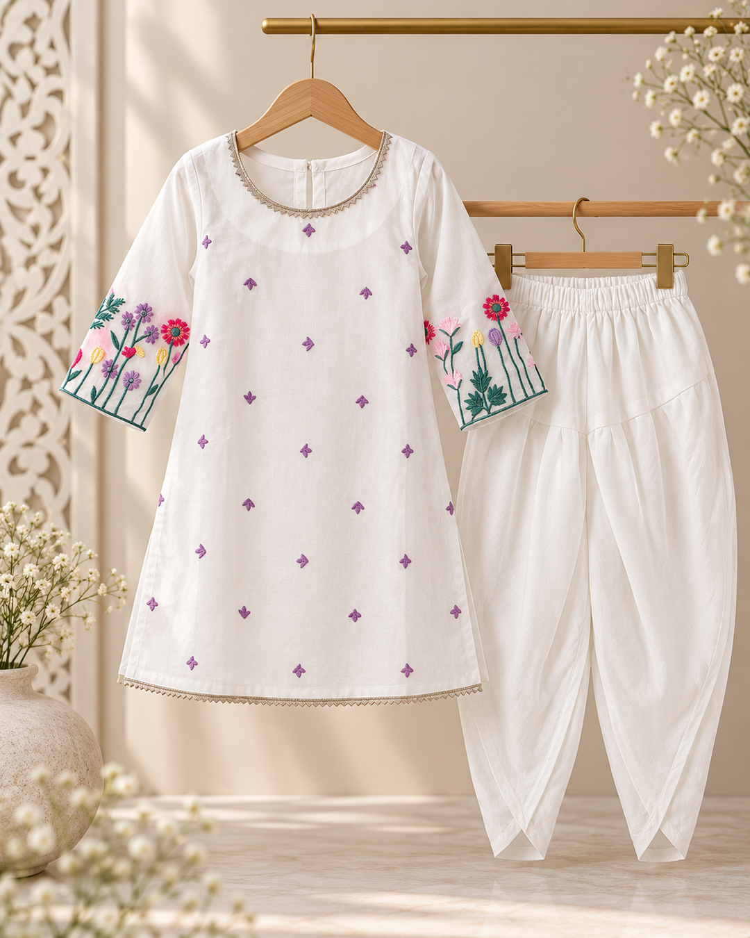 Ivory embroidered ethnic set for girls, Tura Turi Basanti
