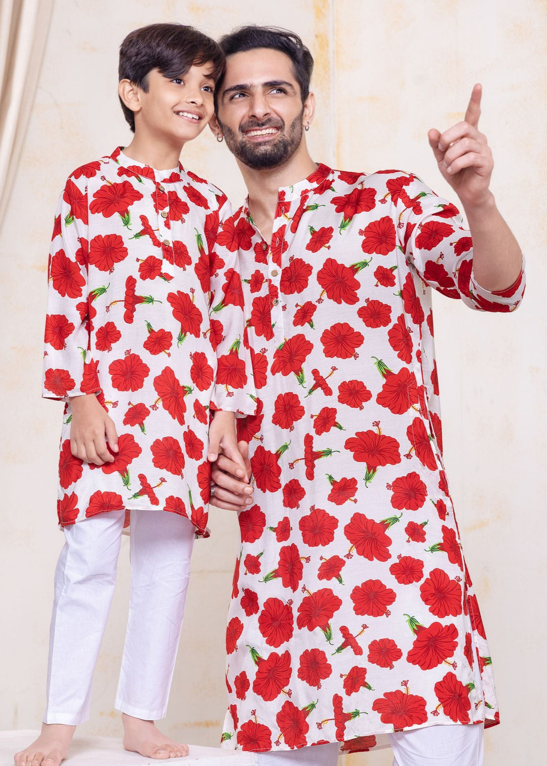 HIBISCUS RED WHITE SILK KURTA BOYS MEN