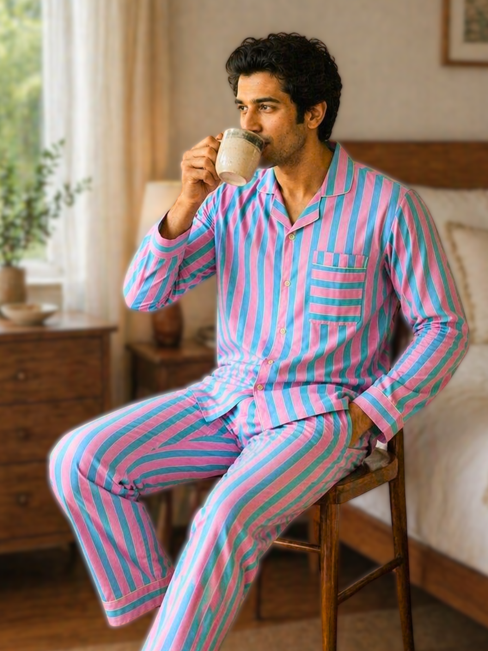 Pink and blue striped men’s nightsuit cotton sleepwear set comfortable loungewear