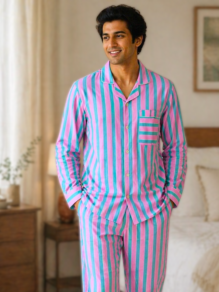 Men’s full sleeve cotton nightsuit set pink and blue vertical stripes sleepwear
