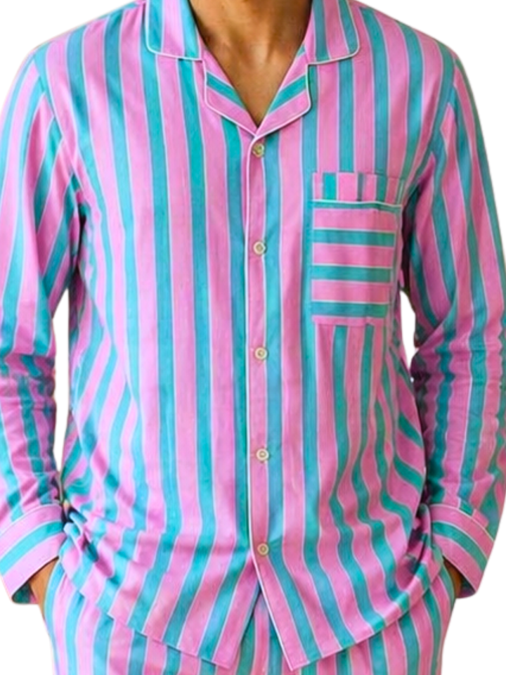 Lightweight cotton men’s nightwear pink blue stripes breathable sleep set