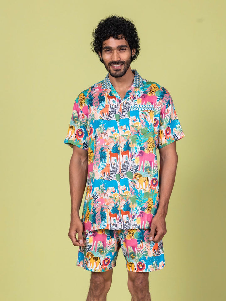 Men’s Cotton Shirt &amp; Shorts Set – Whimsical Forest Print | Summer Co-ord by Tura Turi