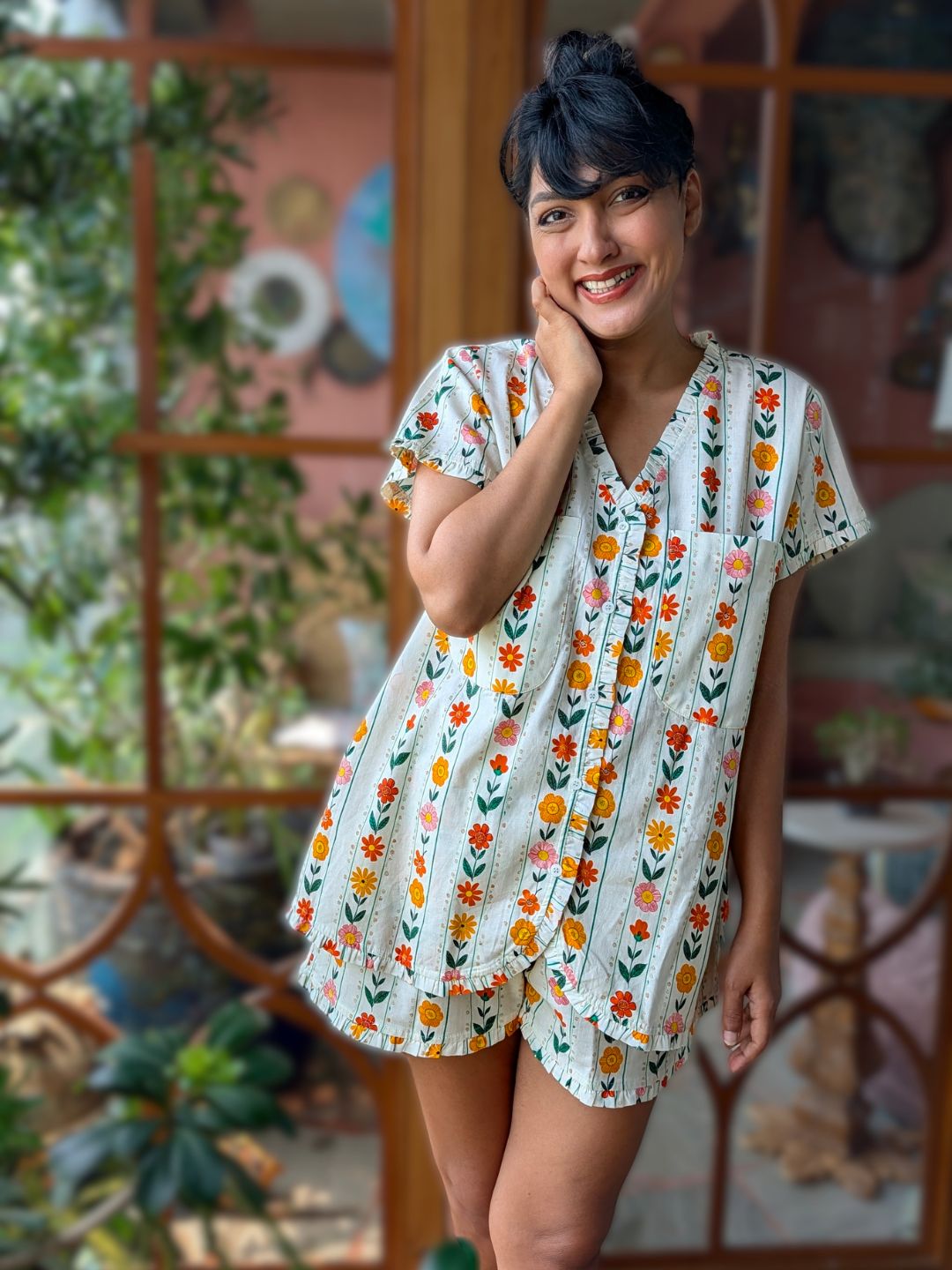 Women’s cotton coord shorts set with vertical floral stripes – no bra nightsuit with relaxed fit top and shorts, lightweight summer sleepwear