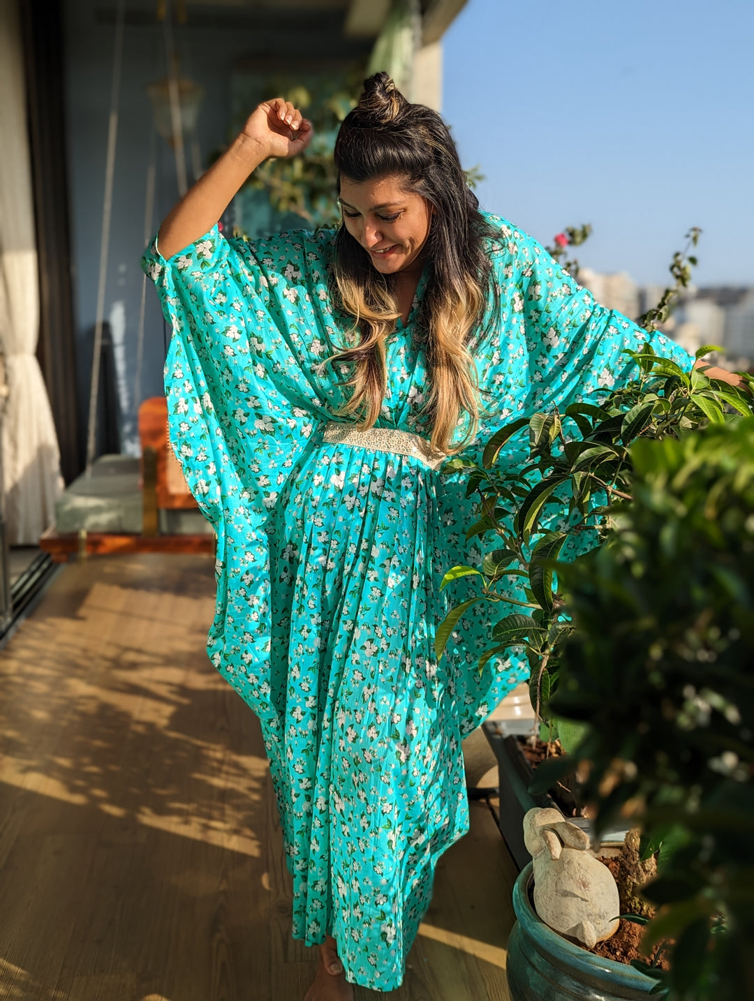 Tura Turi Kaftan Dress Gown, Long Turquoise Jasmine