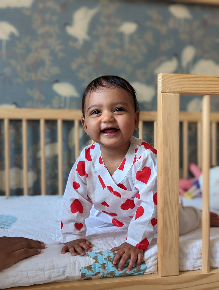 Hearts print cotton muslin baby angrakha jhabla for newborns – Tura Turi