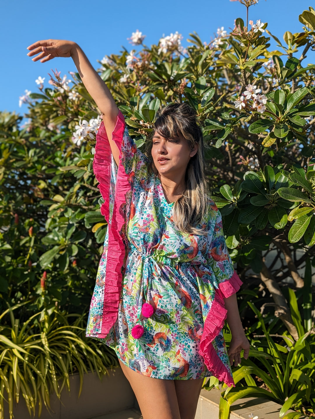 Kukdoo Koo women’s cotton beach kaftan – quirky rooster print summer wear