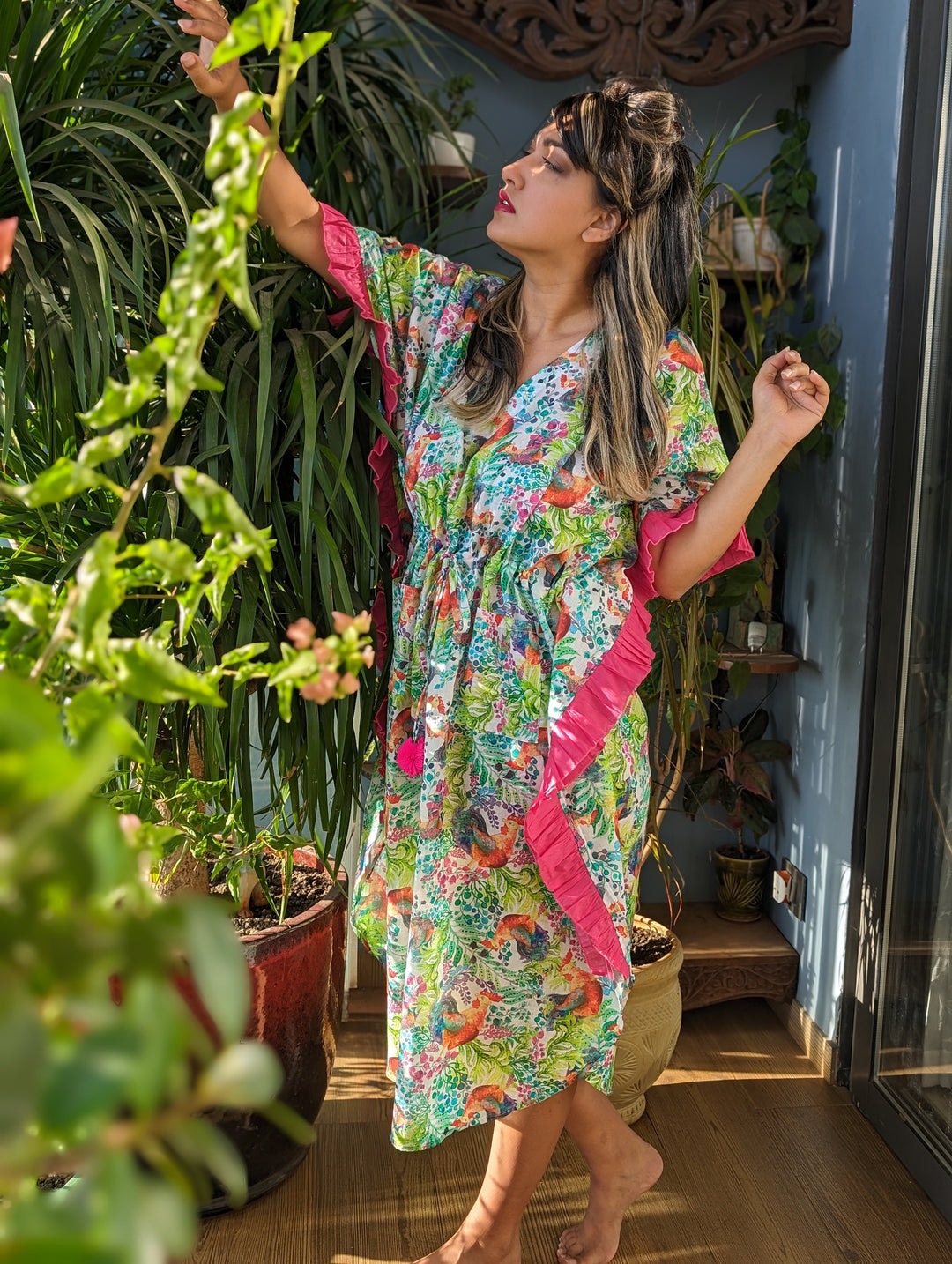Kukdoo Koo women’s cotton beach kaftan – quirky rooster print summer wear