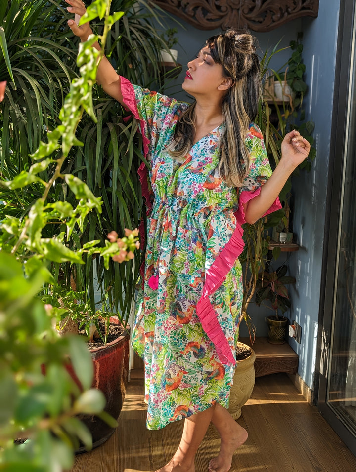 Kukdoo Koo women’s cotton beach kaftan – quirky rooster print summer wear