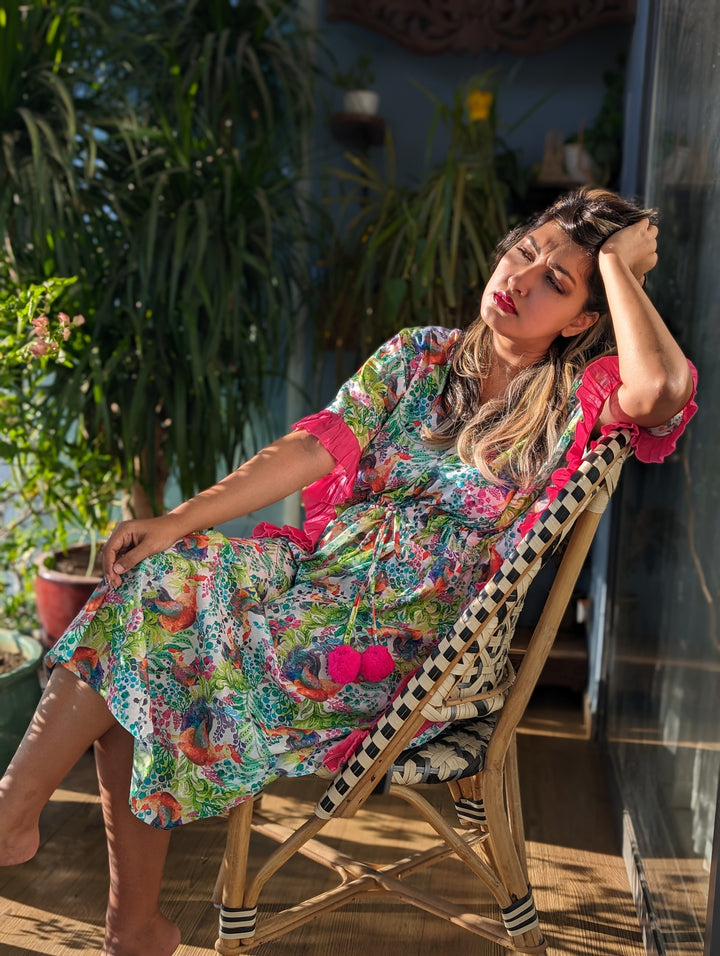 Kukdoo Koo women’s cotton beach kaftan – quirky rooster print summer wear