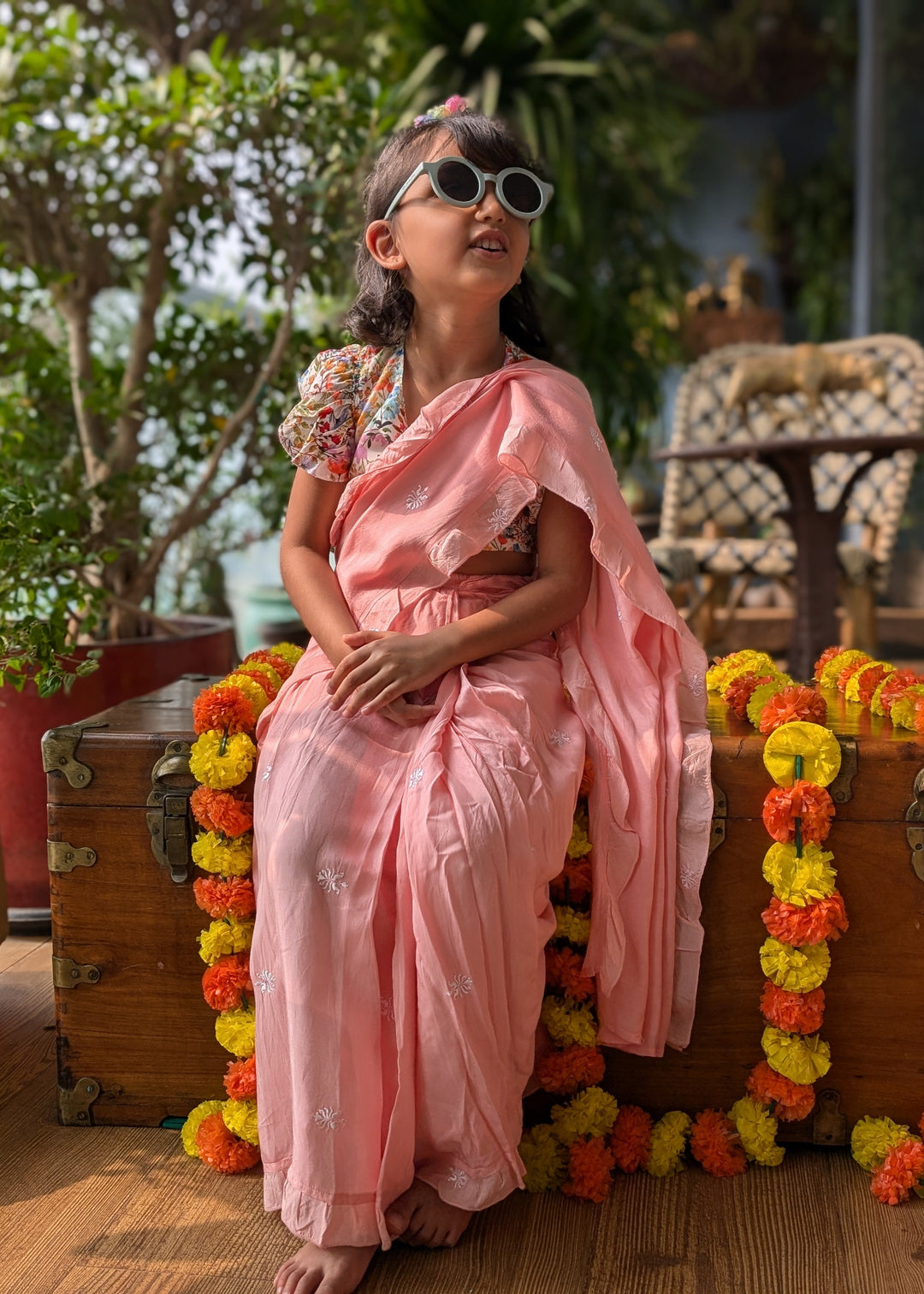 Prestitched Silk Embroidered Saree for Girls | Pink