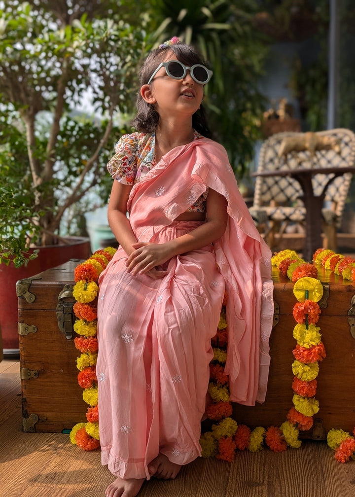 Prestitched Silk Embroidered Saree for Girls | Pink