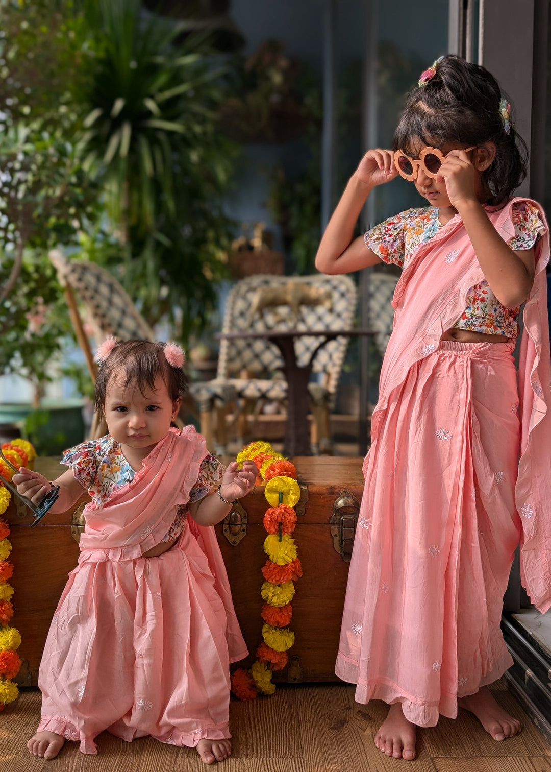 Prestitched Silk Embroidered Saree for Girls | Pink