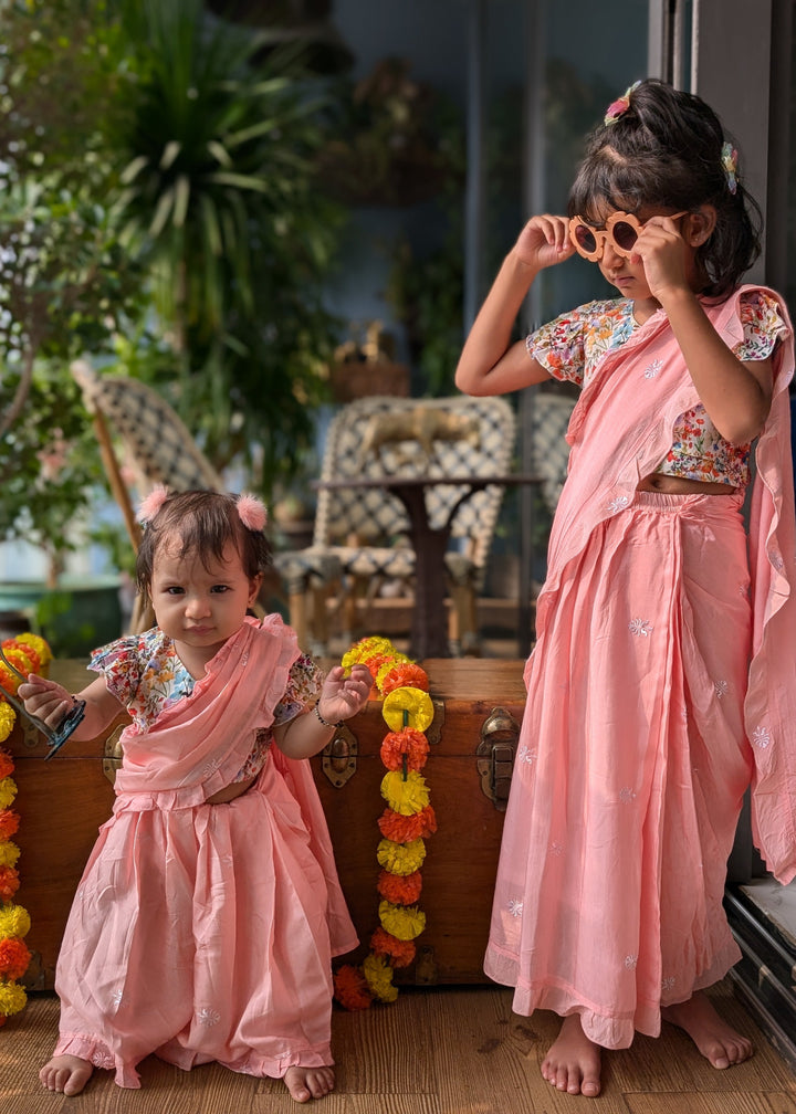 Prestitched Silk Embroidered Saree for Girls | Pink