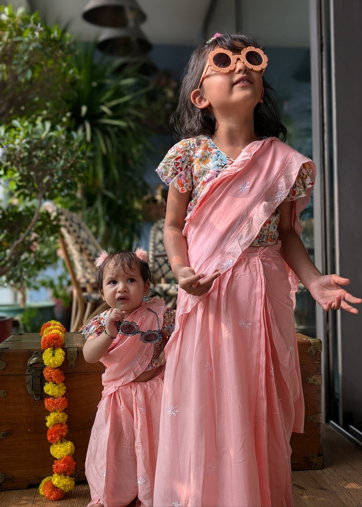 Prestitched Silk Embroidered Saree for Girls | Pink