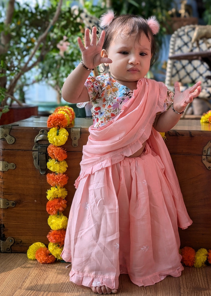 Prestitched Silk Embroidered Saree for Girls | Pink