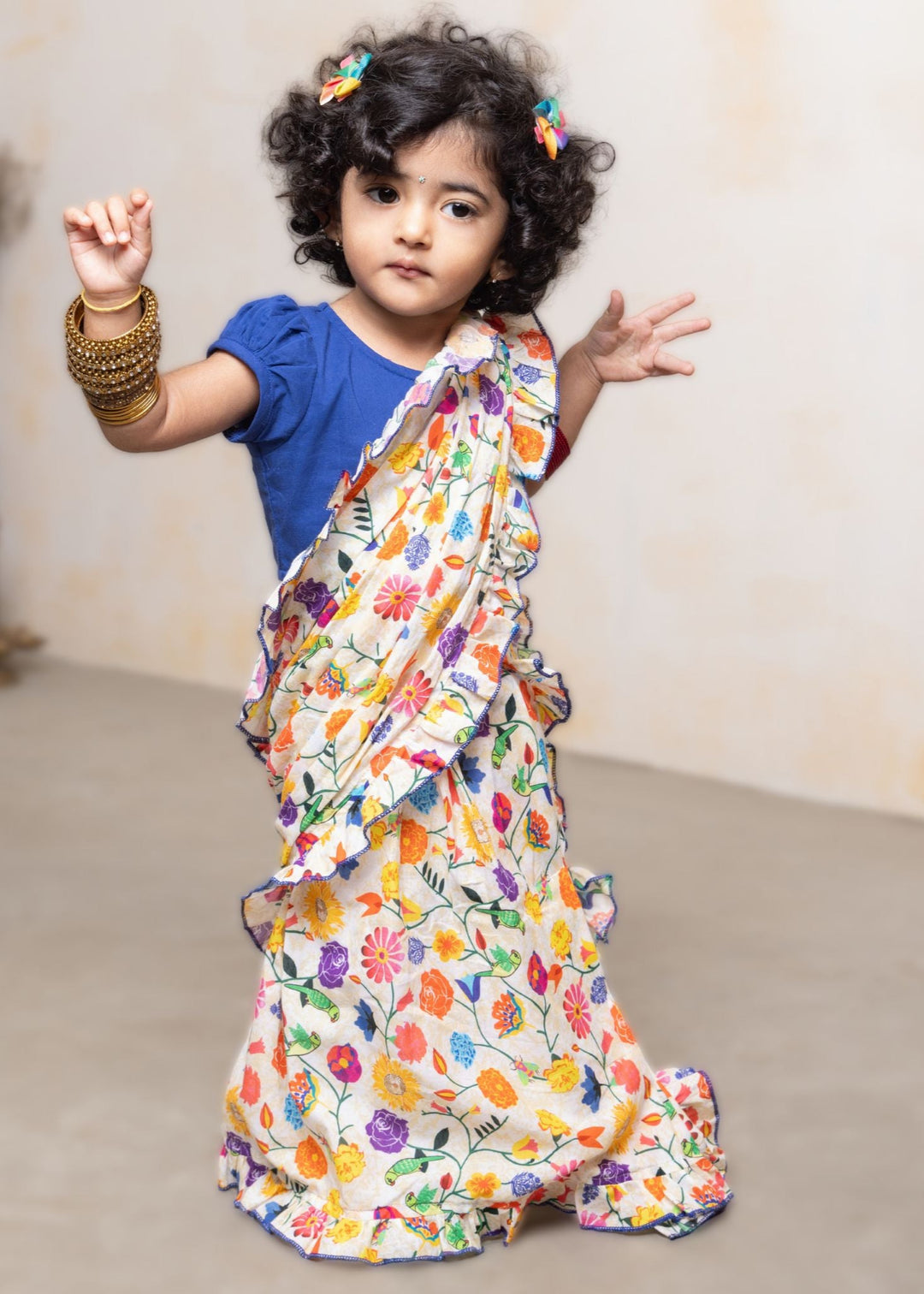 prestitched floral cotton saree for girls