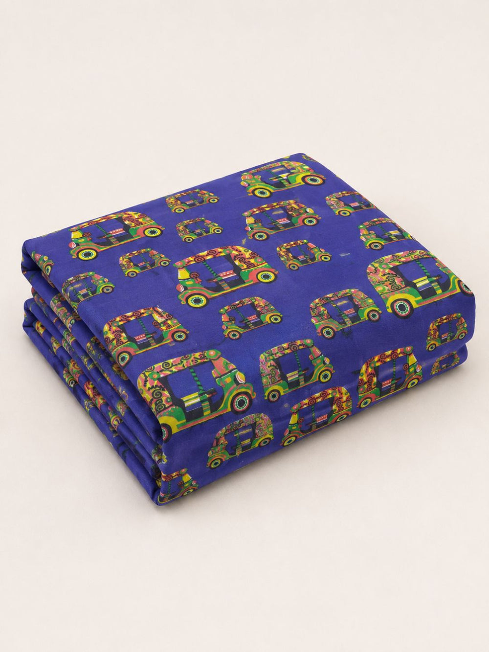 Premium kids bedding set featuring colourful Indian autorickshaw motifs on a royal blue cotton bedsheet