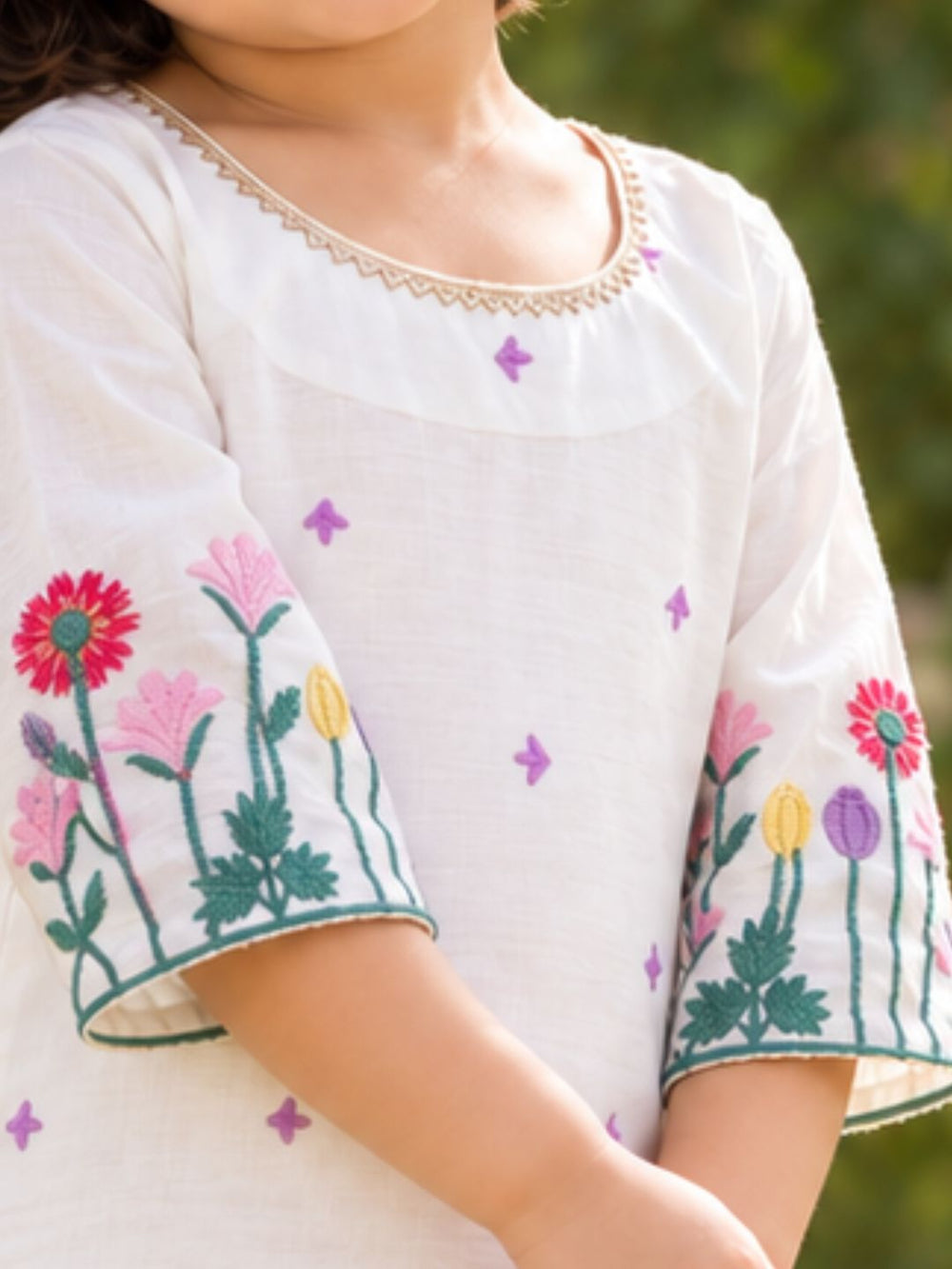 Girls' ivory A-line embroidered kurta with dhoti pants, Basanti
