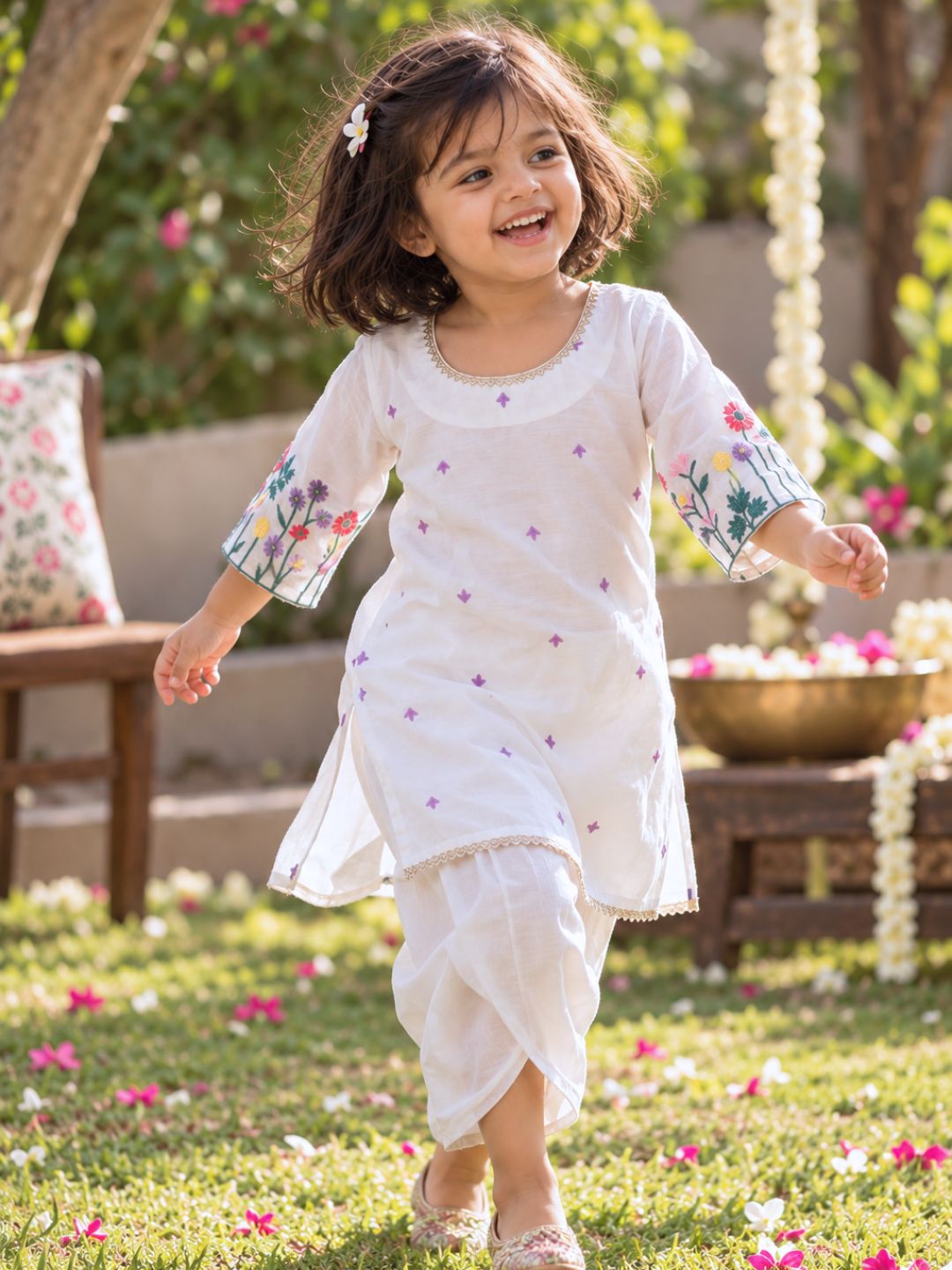 Kids' ivory cupro silk kurta with elasticated dhoti, Tura Turi Basanti
