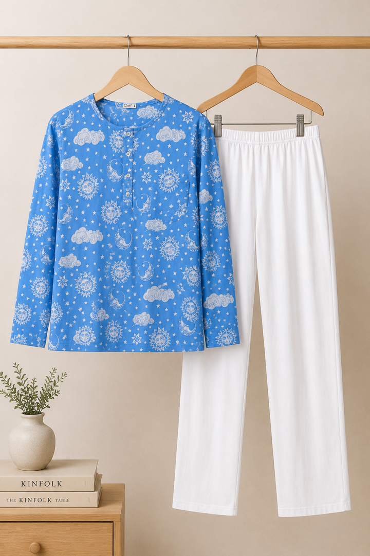 Blue cotton malmal men’s pajama set with long sleeve short kurta top for nightwear