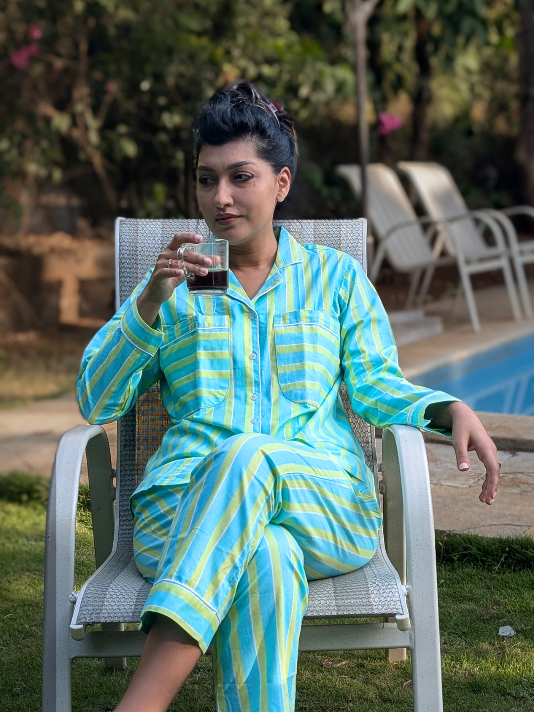 Breathable cotton no bra pajama set for women, green blue striped lightweight summer sleepwear
