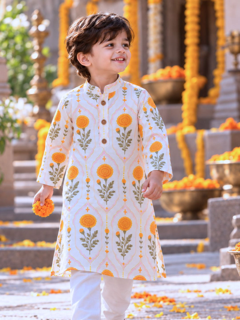 Gendaphool marigold print cotton mulmul kurta for boys by Tura Turi