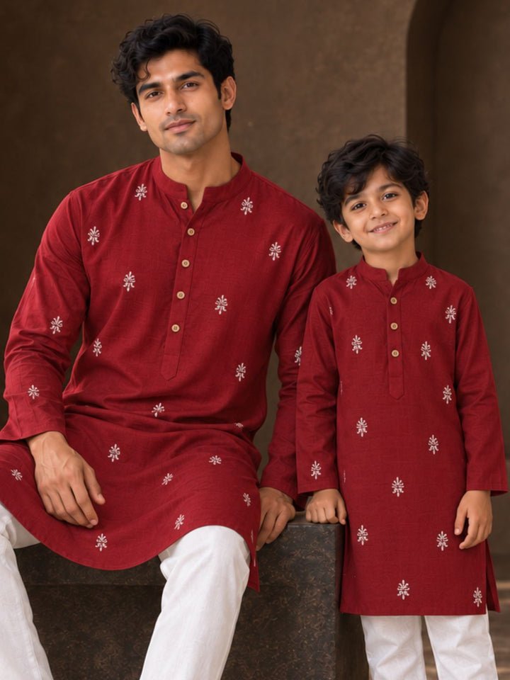 Embroidered Viscose Silk Kurta for Boys, Men | Maroon