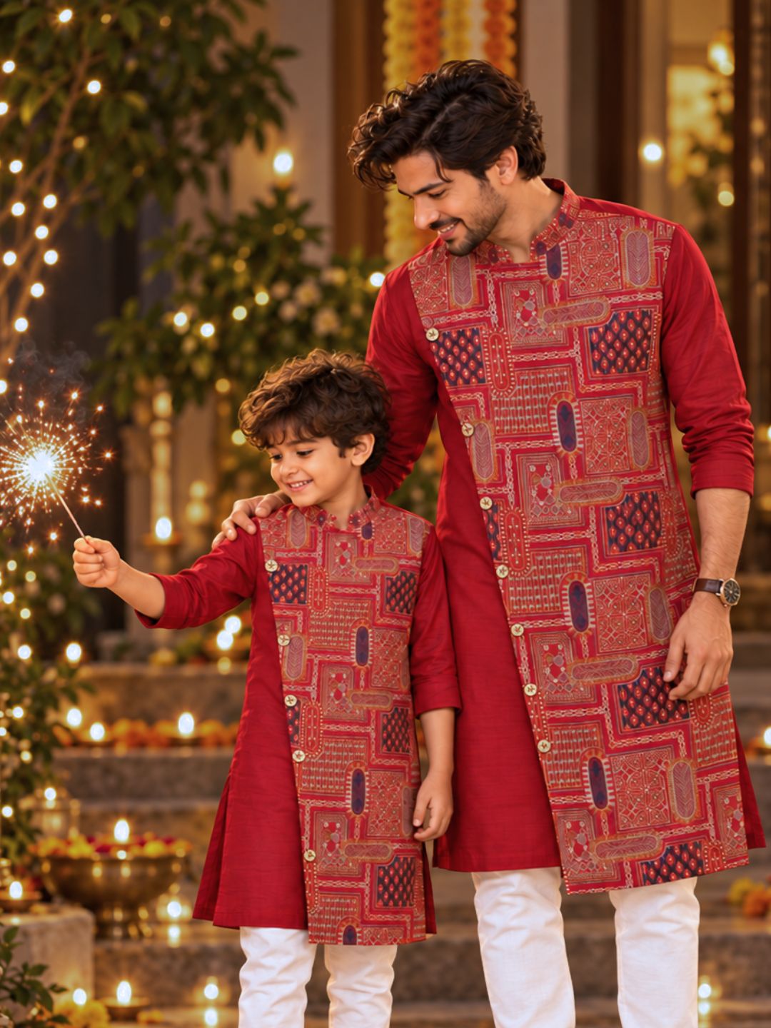 maroon embroidered sherwani style silk kurta  boys and men matching