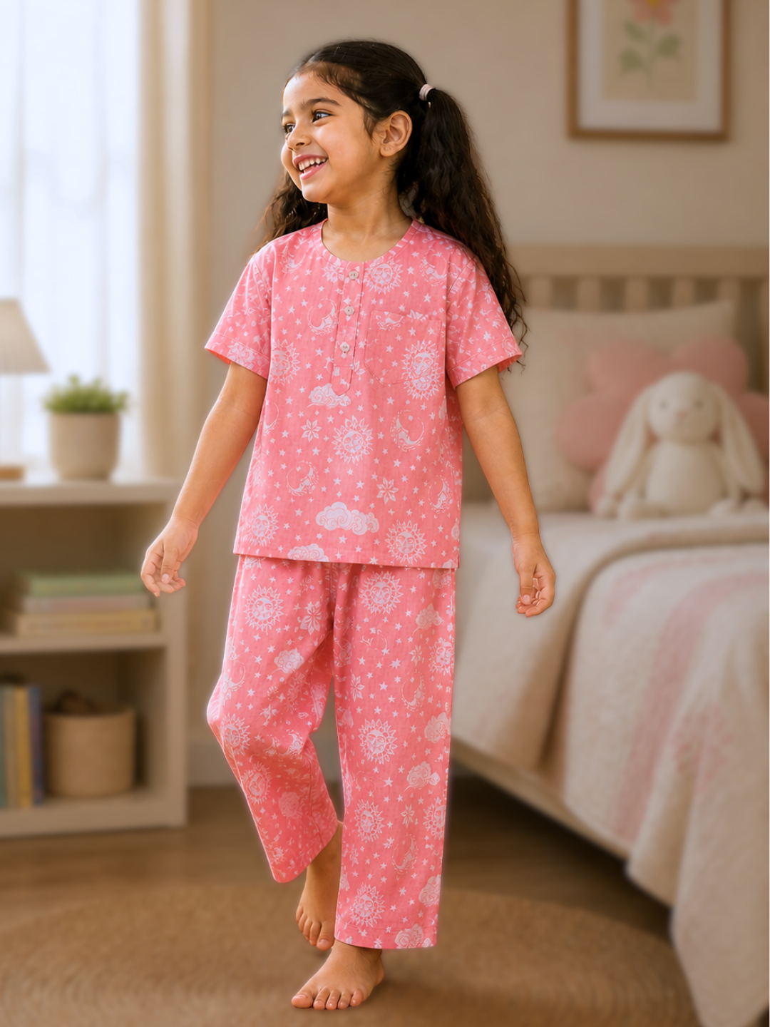 Pink cotton malmal kids nightsuit for boys and girls, soft breathable summer nightwear