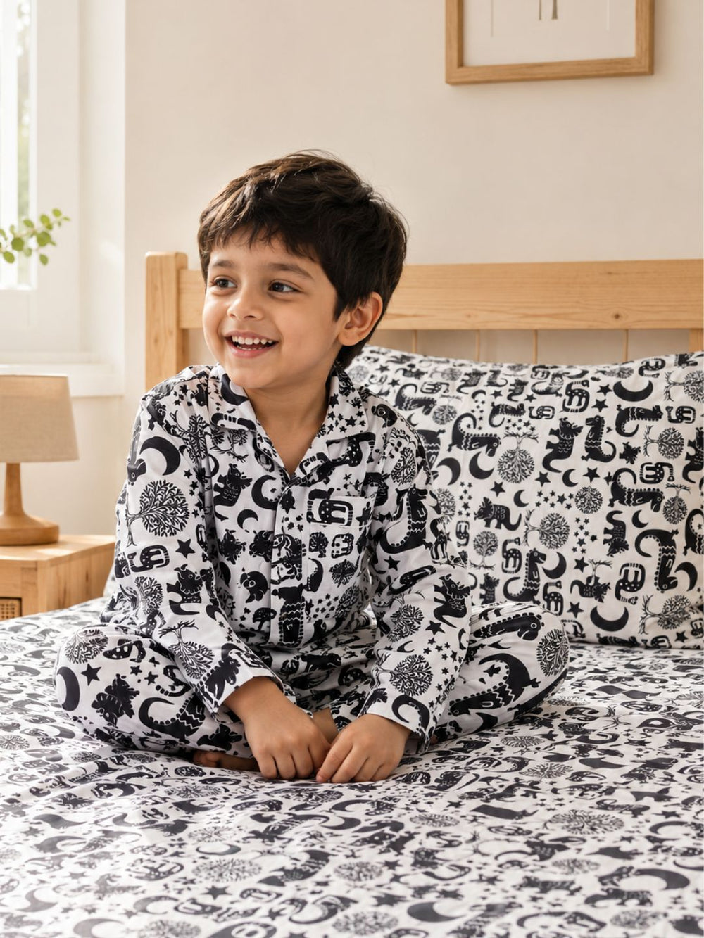 matching dinosaur print bedsheet and nightsuit set for dino lovers